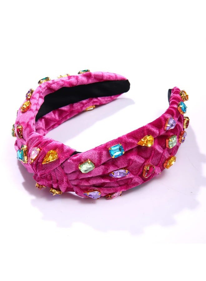 Jeweled Knotted Headband for Women Crystal Embellished Soft Flannel Hairband Women's Fashion Headbands Hair Accessories (Rose Red - Style B) - Image 5