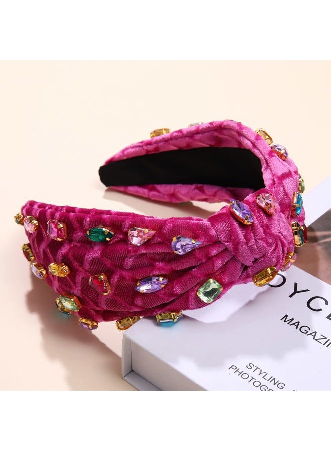 Jeweled Knotted Headband for Women Crystal Embellished Soft Flannel Hairband Women's Fashion Headbands Hair Accessories (Rose Red - Style B) - Image 4