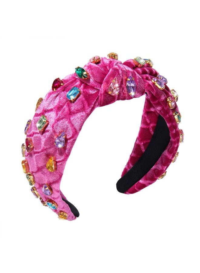 Jeweled Knotted Headband for Women Crystal Embellished Soft Flannel Hairband Women's Fashion Headbands Hair Accessories (Rose Red - Style B) - Image 1