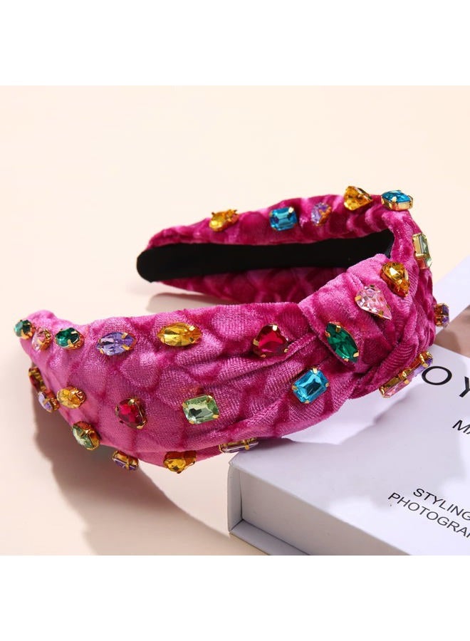 Jeweled Knotted Headband for Women Crystal Embellished Soft Flannel Hairband Women's Fashion Headbands Hair Accessories (Rose Red - Style B) - Image 3