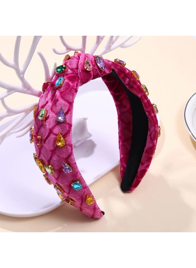 Jeweled Knotted Headband for Women Crystal Embellished Soft Flannel Hairband Women's Fashion Headbands Hair Accessories (Rose Red - Style B) - Image 2