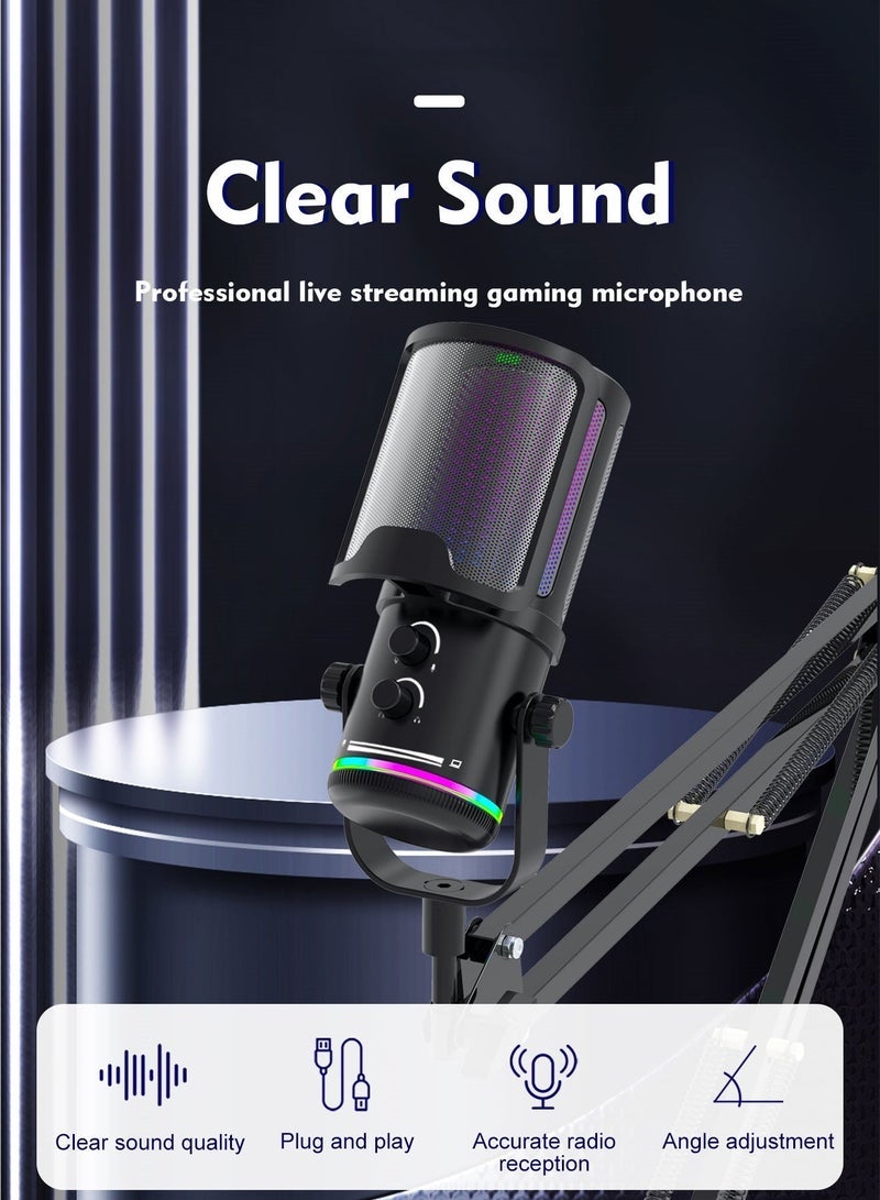 FlashHawk RGB Gaming Microphone with Adjustable Boom Arm | USB/Type-C Condenser Mic | Pop Filter & Mute Button | PS4/5/PC/Mobile | 2.5M Cable & ANC - Black - Image 2