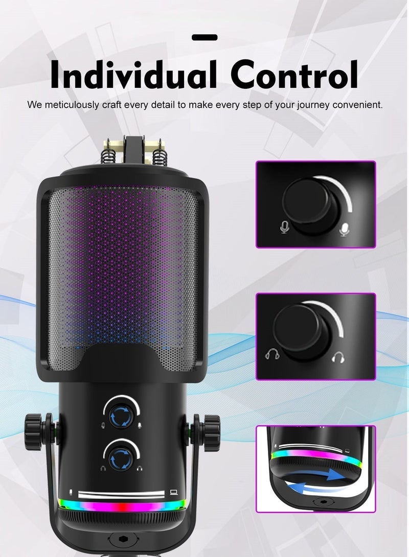 FlashHawk RGB Gaming Microphone with Adjustable Boom Arm | USB/Type-C Condenser Mic | Pop Filter & Mute Button | PS4/5/PC/Mobile | 2.5M Cable & ANC - Black - Image 5