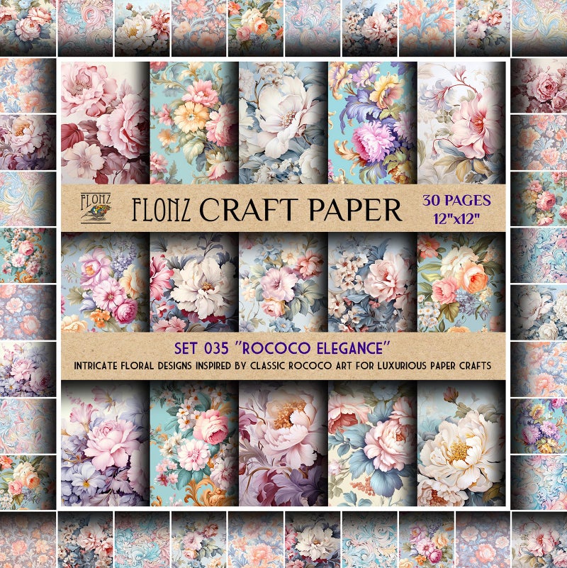 Scrapbook Paper (30 pages 12"x12") Rococo Elegance: Intricate Floral Designs Inspired by Classic Rococo Art for Luxurious Paper Crafts FLONZ Vintage Styled Double Sided Paper Pad for Craft