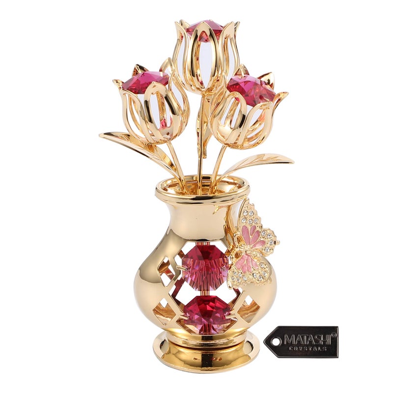Beautifully Crafted Tulips in A Vase Table Top Ornament Dipped in 24k Gold Plating Made with Genuine Matashi Crystals Butterfly Red Crystal