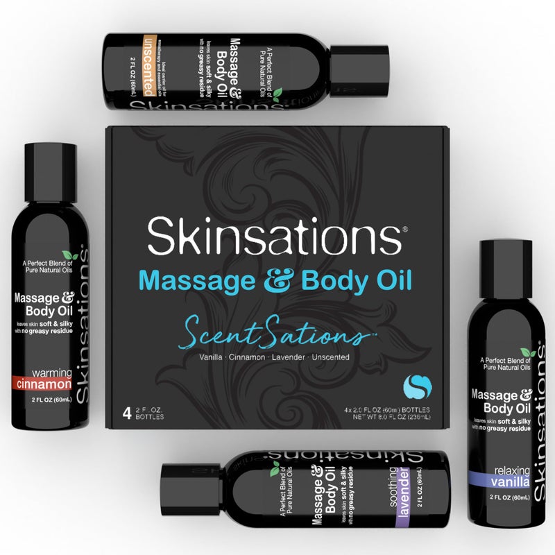Skinsations - Massage Oil Kit (Set of 4) Natural Scents of Vanilla, Cinnamon, Lavender | Blend of Sweet Almond Oil, Fractionated Coconut Oil, Grapeseed Oil & Jojoba Oil, Travel Size - Image 1