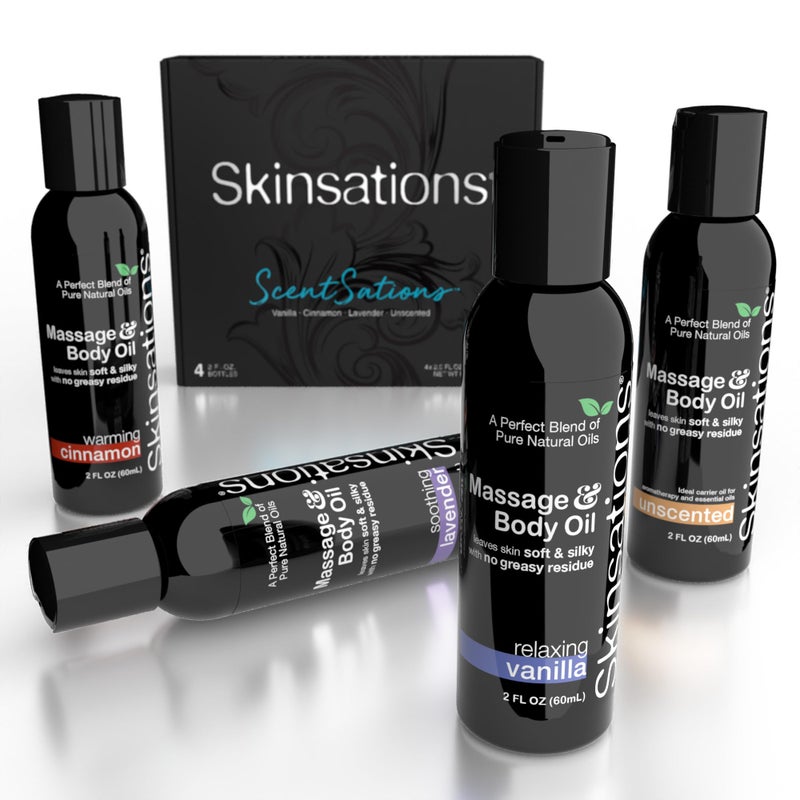 Skinsations - Massage Oil Kit (Set of 4) Natural Scents of Vanilla, Cinnamon, Lavender | Blend of Sweet Almond Oil, Fractionated Coconut Oil, Grapeseed Oil & Jojoba Oil, Travel Size - Image 4