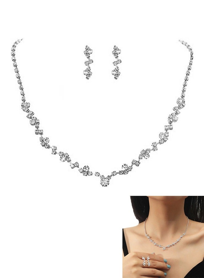 مجموعة أقراط قلادة من حجر الراين للعروس مكونة من 3 قطع، قلادة مصنوعة من سبيكة الزركون مقاومة للماء، إكسسوارات فستان السهرة للنساء (فضي) - Image 1