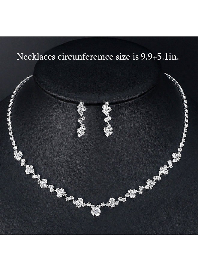 مجموعة أقراط قلادة من حجر الراين للعروس مكونة من 3 قطع، قلادة مصنوعة من سبيكة الزركون مقاومة للماء، إكسسوارات فستان السهرة للنساء (فضي) - Image 2