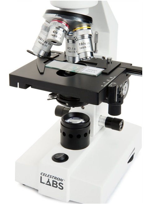 – Celestron Labs – Binocular Head Compound Microscope – 40-2000x Magnification – Adjustable Mechanical Stage – Includes 2 Eyepieces and 10 Prepared Slides