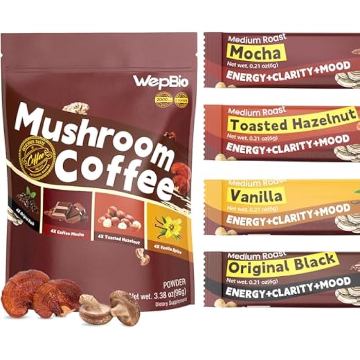 WepBio Mushroom Coffee - 11 in 1 Mushroom Blend with Lions Mane,Ashwagandha KSM-66 & L-Theanine Instant Mushrooms Coffee Packets for Energy, Focus & Digestion Sugar-Free 16 Servings Variety Pack - Image 1