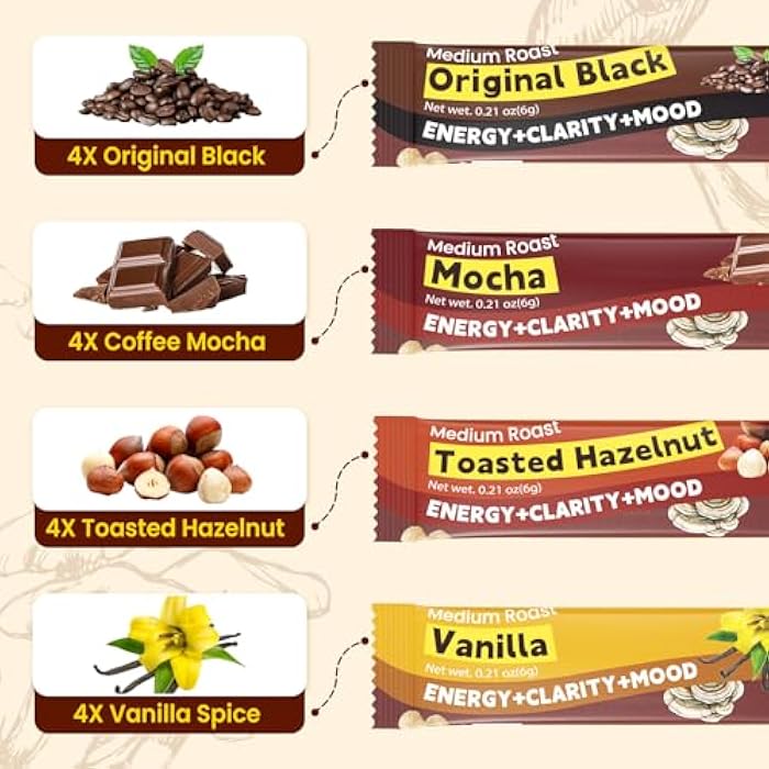 WepBio Mushroom Coffee - 11 in 1 Mushroom Blend with Lions Mane,Ashwagandha KSM-66 & L-Theanine Instant Mushrooms Coffee Packets for Energy, Focus & Digestion Sugar-Free 16 Servings Variety Pack - Image 3