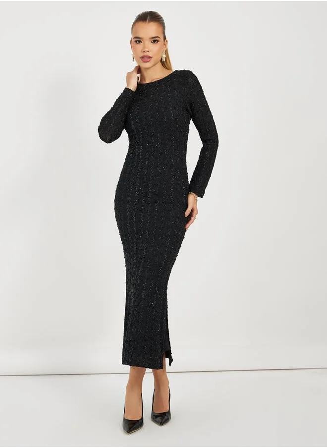 Styli Textured Lurex Bodycon Maxi Dress with Side Slit