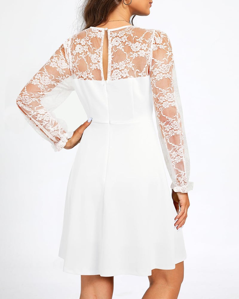 Holipick White Long Sleeve Dress Lace Bridal Shower Engagement Rehearsal Graduation Church A line Short Dresses Women XXL - Image 3