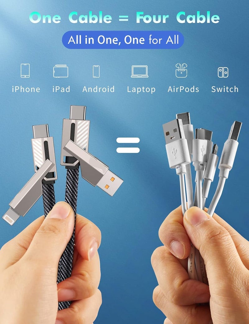 ميكينج تك كابل USB-C رباعي الوظائف سريع الشحن، شحن سريع بقدرة 60 واط ومزامنة البيانات، مضفر مسطح مقاوم للتشابك، مناسب لشاحن آيفون مع شريط فيلكرو، مجموعة كابلات شحن متعددة بمنافذ سريعة/Type C/USB A، طول 5 أقدام - Image 3