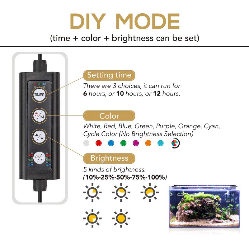 hygger 22W 24/7 Lighting Aquarium LED Light, Sunrise-Daylight-Moonlight Mode and DIY Mode, Adjustable Timer Adjustable Brightness Fish Tank Light with Extendable Bracket 7 Colors for Planted Tank - Image 4