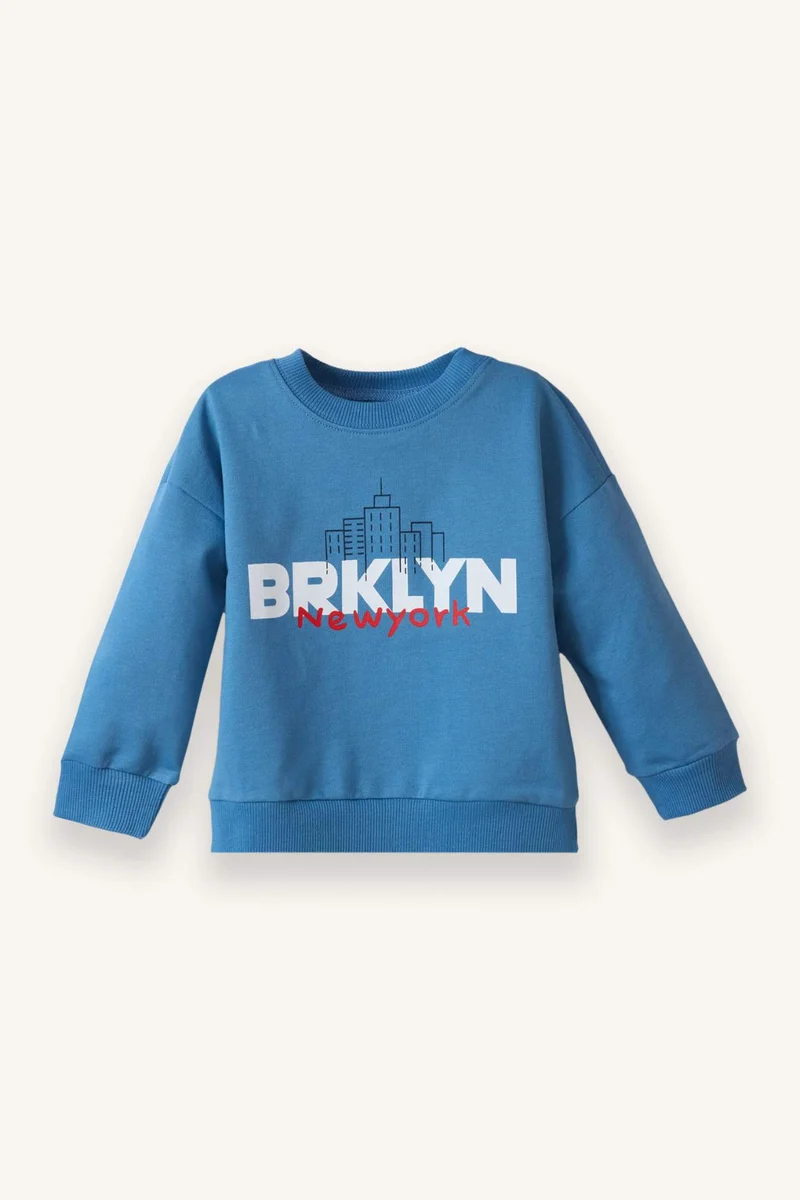 Defacto Baby Boy Oversize Crew Neck Patterned 2 Piece Sweatshirt