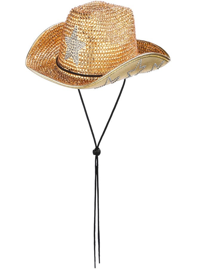Tisancy Rhinestone Cowboy Hats for Women Cowgirl Diamond Western Disco Crystal Hat for Carnival Wedding Costume Party, Champagne and Silver Star, 14.96 x 11.42 x 4.33 inches - Image 1
