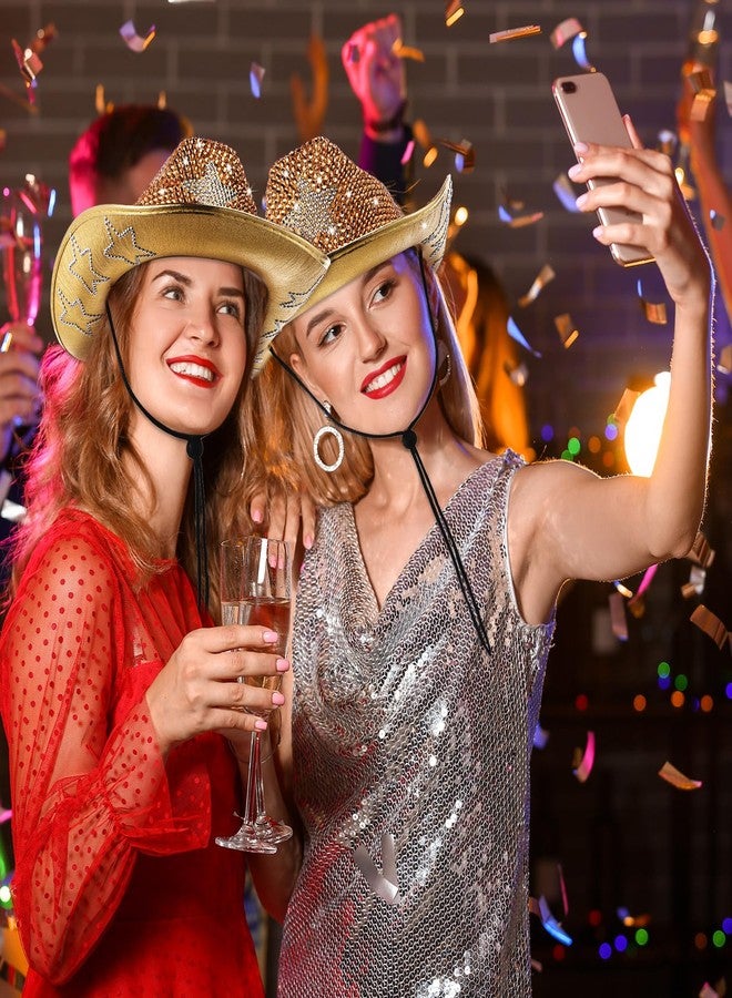 Tisancy Rhinestone Cowboy Hats for Women Cowgirl Diamond Western Disco Crystal Hat for Carnival Wedding Costume Party, Champagne and Silver Star, 14.96 x 11.42 x 4.33 inches - Image 4