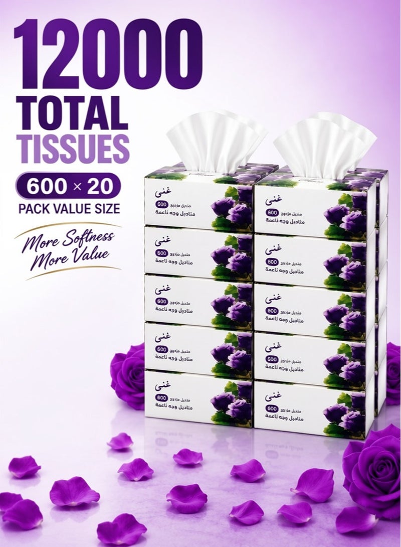 Ghena Soft Disposable Paper Tissues 600 x 20 Pack - 12000 Pcs, Flushable, Skin Friendly, Highly Absorbent - Image 1