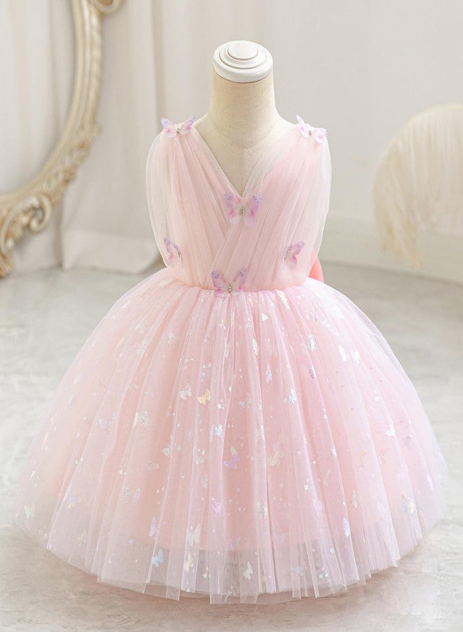 IDOPIP Toddler Baby Girls Shiny Butterfly Tutu Dress Princess Birthday Party Pageant Flower Girl Wedding V-Backless Dresses, Pink, 2-3 Years - Image 3