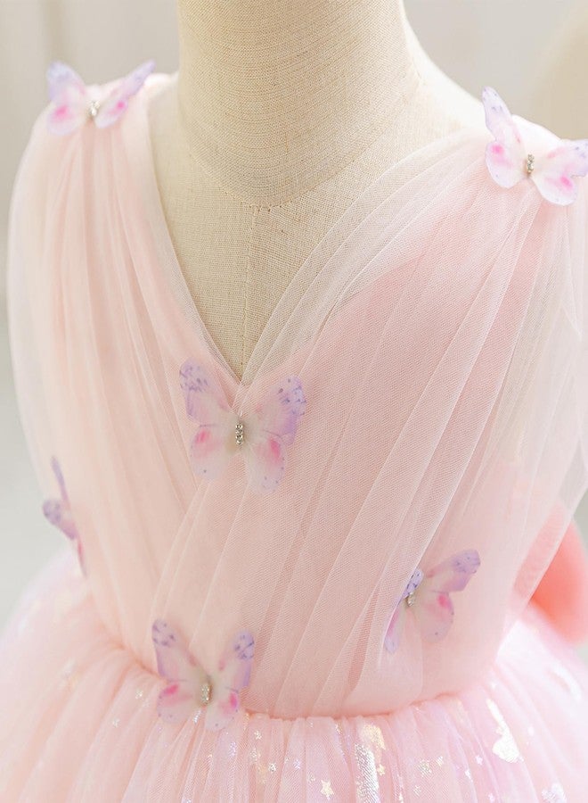 IDOPIP Toddler Baby Girls Shiny Butterfly Tutu Dress Princess Birthday Party Pageant Flower Girl Wedding V-Backless Dresses, Pink, 2-3 Years - Image 4