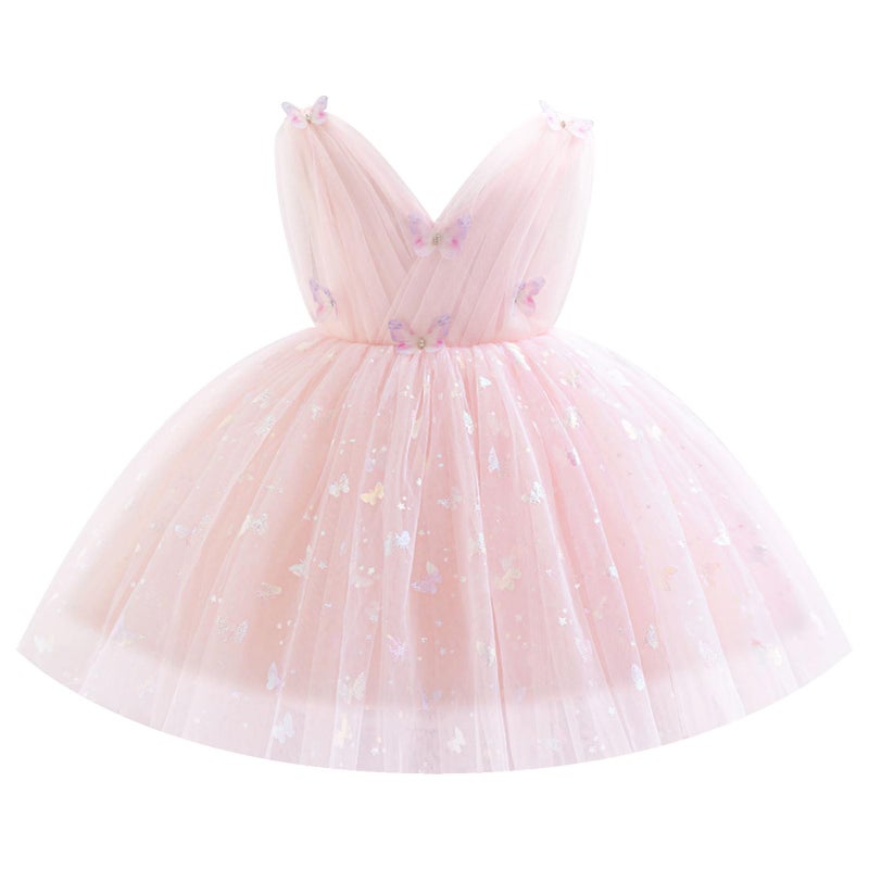 IDOPIP Toddler Baby Girls Shiny Butterfly Tutu Dress Princess Birthday Party Pageant Flower Girl Wedding V-Backless Dresses, Pink, 2-3 Years - Image 1