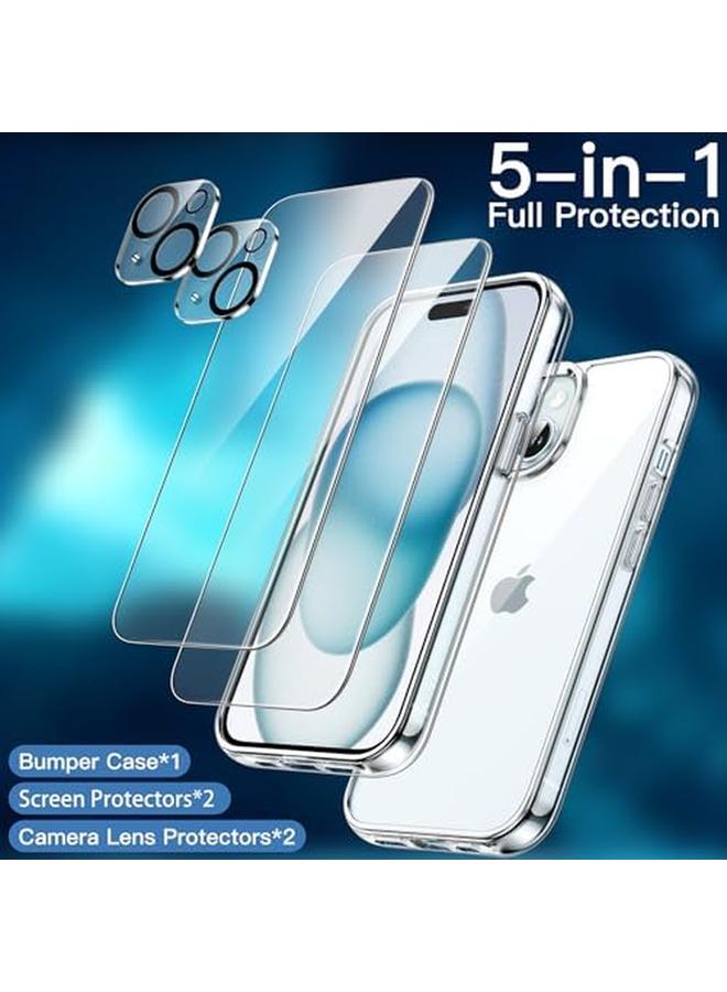 جي تيك جراب 5 في 1 لهاتف Iphone 15 Plus مقاس 6.7 بوصة مع قطعتين من واقي الشاشة الزجاجي المقوى وواقي عدسة الكاميرا، غطاء هاتف مقاوم للصدمات غير قابل للاصفرار وشفاف - Image 3