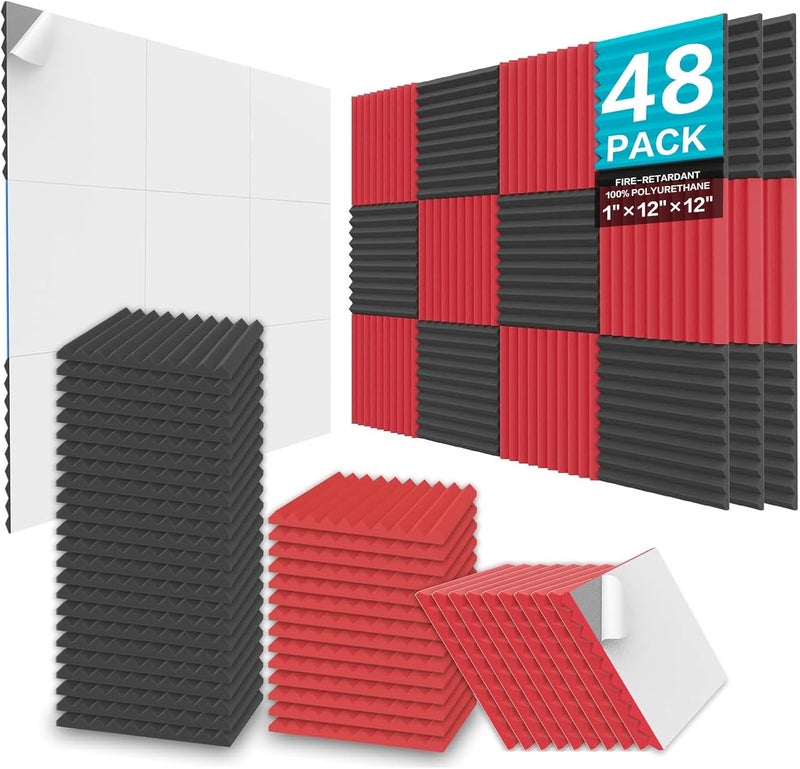 Jber 48 Pack Acoustic Foam Panels, 2.5 X 30 X 30cm/1" X 12" X 12" Studio Soundproofing Wedges Fire Resistant Sound Proof Padding Acoustic Treatment Foam - Black & Red - Image 1
