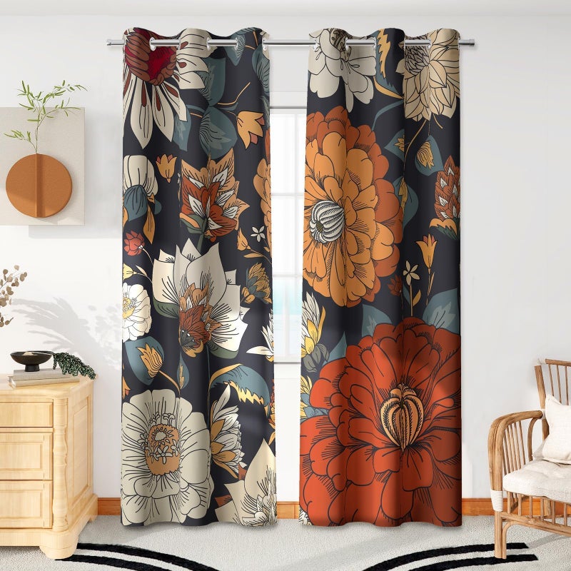 Tyrot Black Boho Floral 100% Blackout Curtains for Bedroom 63 inch Long 2 Panels Mid Century Botanical Black Out Curtains for Living Room Grommet Thermal Insulated Room Darkening Window Drapes,42Wx63L - Image 1