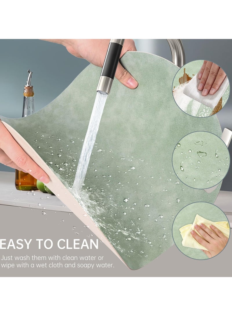 طقم مفارش صحون بيضاوية من 4 قطع، مفارش صحون من الجلد الصناعي لطاولة الطعام، مفارش صحون مزدوجة الجوانب مقاومة للحرارة قابلة للغسل والمسح للطاولة في الأماكن الخارجية الداخلية، أخضر/بيج - Image 3