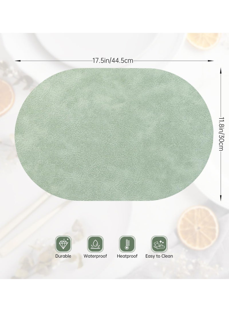 طقم مفارش صحون بيضاوية من 4 قطع، مفارش صحون من الجلد الصناعي لطاولة الطعام، مفارش صحون مزدوجة الجوانب مقاومة للحرارة قابلة للغسل والمسح للطاولة في الأماكن الخارجية الداخلية، أخضر/بيج - Image 2