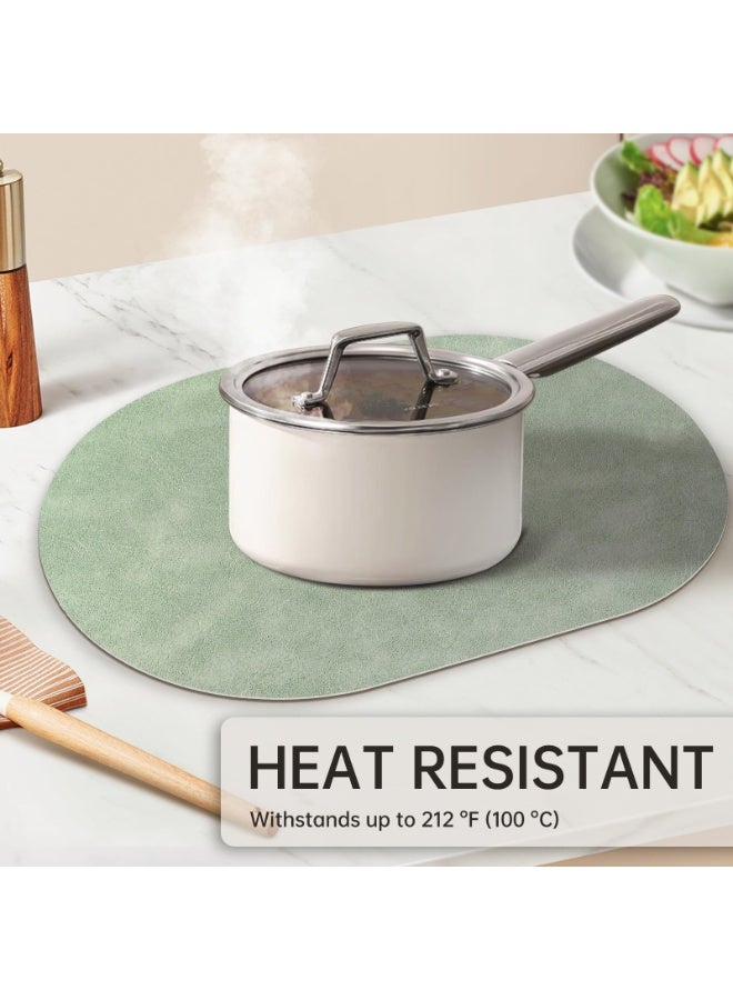 طقم مفارش صحون بيضاوية من 4 قطع، مفارش صحون من الجلد الصناعي لطاولة الطعام، مفارش صحون مزدوجة الجوانب مقاومة للحرارة قابلة للغسل والمسح للطاولة في الأماكن الخارجية الداخلية، أخضر/بيج - Image 5