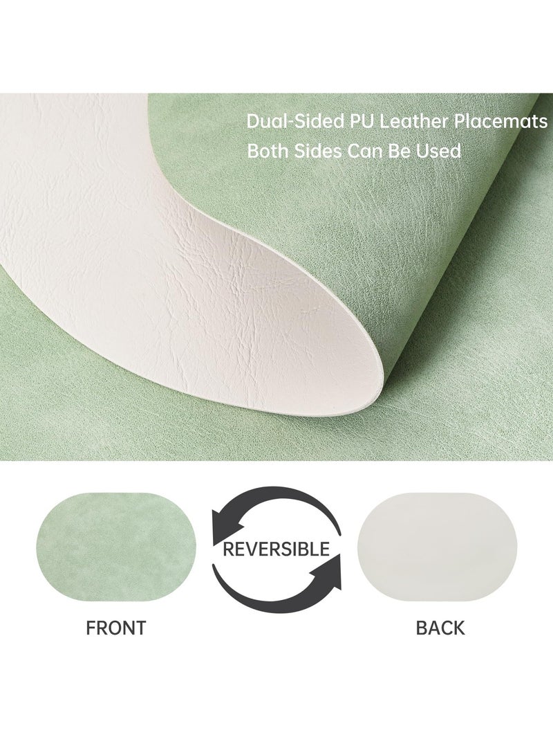 طقم مفارش صحون بيضاوية من 4 قطع، مفارش صحون من الجلد الصناعي لطاولة الطعام، مفارش صحون مزدوجة الجوانب مقاومة للحرارة قابلة للغسل والمسح للطاولة في الأماكن الخارجية الداخلية، أخضر/بيج - Image 4