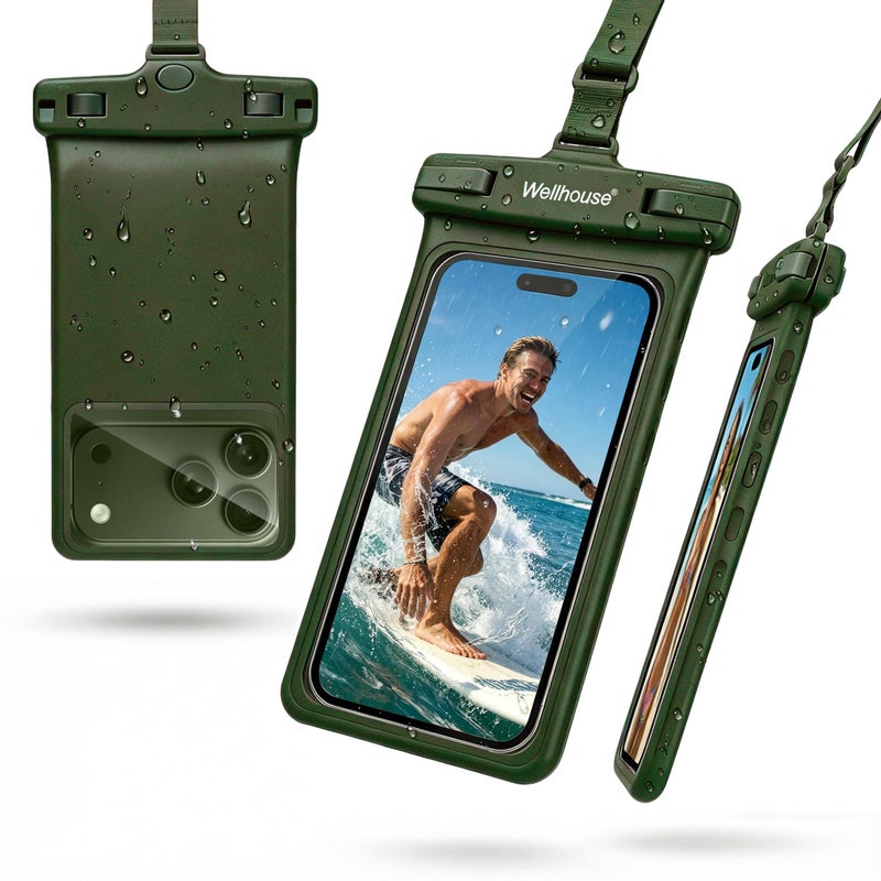 wellhouse Waterproof Phone Pouch, Waterproof Phone Case for iPhone 16 15 14 13 12 Pro Max XS Samsung, IPX8 3D Cellphone Dry Bag Beach Essentials (1 Pack - Olive7.0, 7 inch) - Image 1
