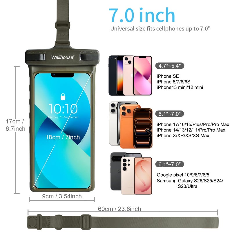wellhouse Waterproof Phone Pouch, Waterproof Phone Case for iPhone 16 15 14 13 12 Pro Max XS Samsung, IPX8 3D Cellphone Dry Bag Beach Essentials (1 Pack - Olive7.0, 7 inch) - Image 4