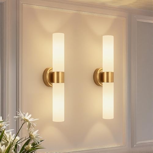 Meybiok Hardwired Wall Sconces Set of Two, Modern Bathroom Sconces Wall Lighting with Milky White Glass, Brushed Gold Sconces Wall Decor Set of 2 for Bathroom Mirror Bedroom Living Room Hallway - Image 1