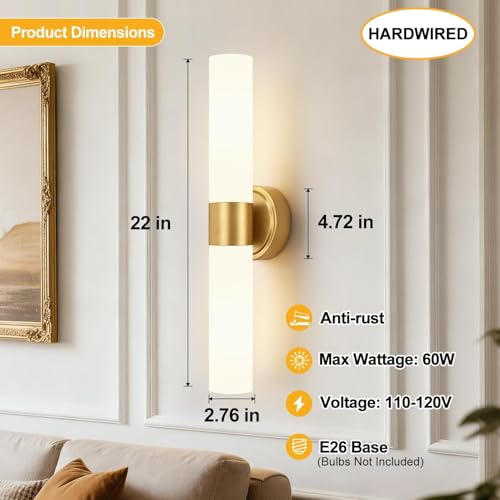 Meybiok Hardwired Wall Sconces Set of Two, Modern Bathroom Sconces Wall Lighting with Milky White Glass, Brushed Gold Sconces Wall Decor Set of 2 for Bathroom Mirror Bedroom Living Room Hallway - Image 3