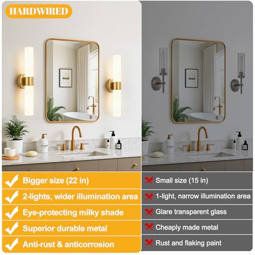 Meybiok Hardwired Wall Sconces Set of Two, Modern Bathroom Sconces Wall Lighting with Milky White Glass, Brushed Gold Sconces Wall Decor Set of 2 for Bathroom Mirror Bedroom Living Room Hallway - Image 2