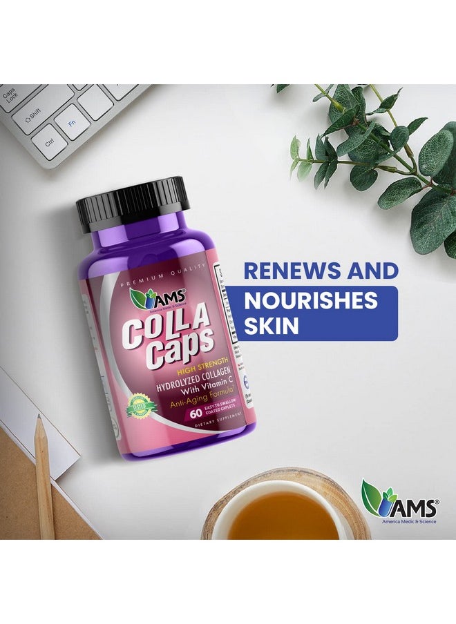 America Medic & Science Colla Caps (60 Caplets) | Collagen and Hyaluronic Acid Supplement with Vitamin C | for Men and Women | Repairs and Restores Skin Elasticity | Promotes Healthy Hair Growth