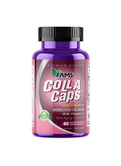 America Medic & Science Colla Caps (60 Caplets) | Collagen and Hyaluronic Acid Supplement with Vitamin C | for Men and Women | Repairs and Restores Skin Elasticity | Promotes Healthy Hair Growth