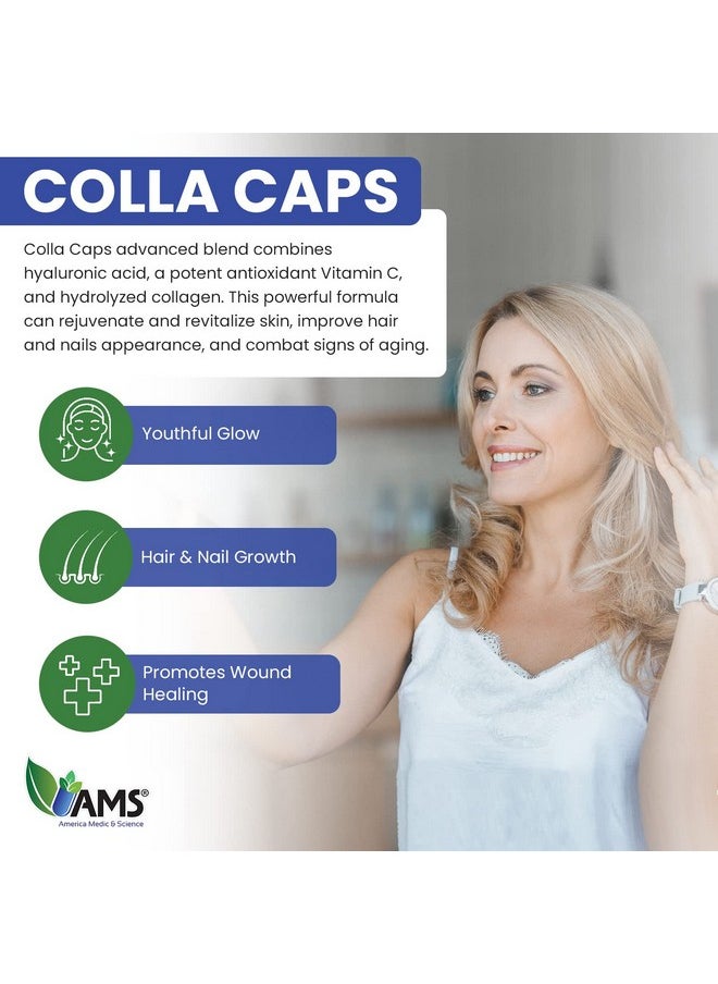 America Medic & Science Colla Caps (60 Caplets) | Collagen and Hyaluronic Acid Supplement with Vitamin C | for Men and Women | Repairs and Restores Skin Elasticity | Promotes Healthy Hair Growth