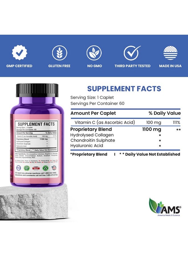 America Medic & Science Colla Caps (60 Caplets) | Collagen and Hyaluronic Acid Supplement with Vitamin C | for Men and Women | Repairs and Restores Skin Elasticity | Promotes Healthy Hair Growth