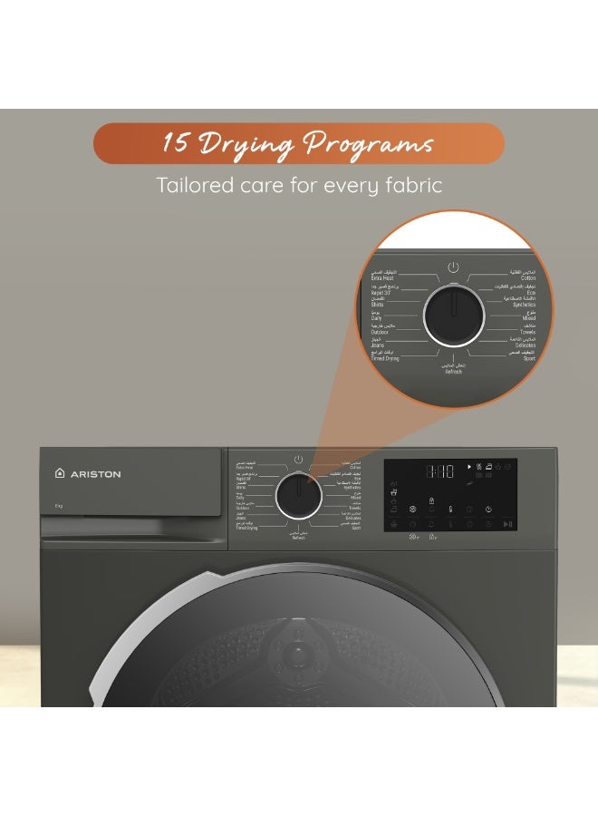 Ariston Condenser Tumble Dryer 8 Kg, Sensor Drying Technology, 15 Drying Programs, Aquawave Drum, Digital Display, Reverse Drum Action, Manhattan Gray - ARDC082SMME 8 kg ARDC082SMME Manhattan Gray - Image 4