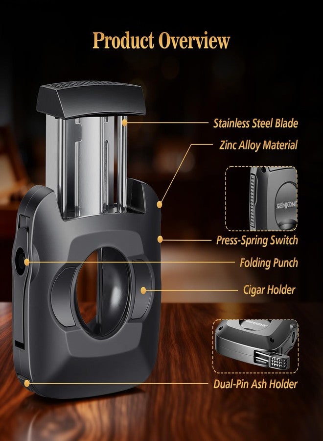 SEMKONT Cigar Cutter, Stainless Steel Straight Cutter and V-Shaped Cigar Cutter, Multifunctional Cigar Guillotine with Punch, Cigar Holder and Dual-Pin Ash Holder, Men's Cigar Accessory Gift - Image 2
