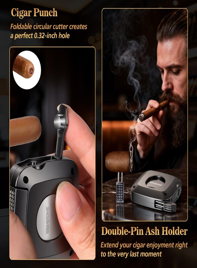 SEMKONT Cigar Cutter, Stainless Steel Straight Cutter and V-Shaped Cigar Cutter, Multifunctional Cigar Guillotine with Punch, Cigar Holder and Dual-Pin Ash Holder, Men's Cigar Accessory Gift - Image 5
