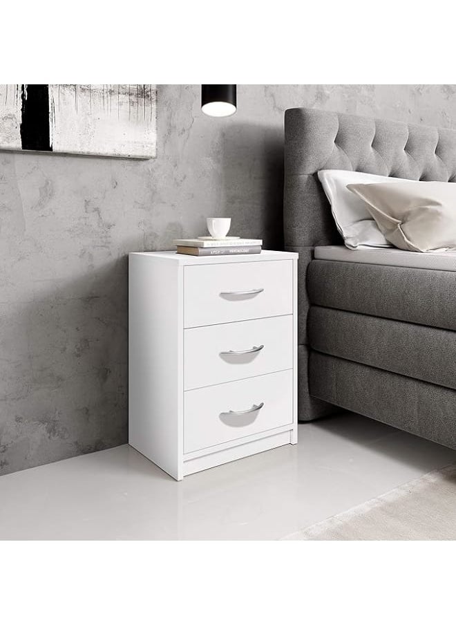 MODERN HOME White Bedside Table with 3 Drawers – Simple Nightstand for Bedroom, 39 x 54 x 28 cm.  - Image 1