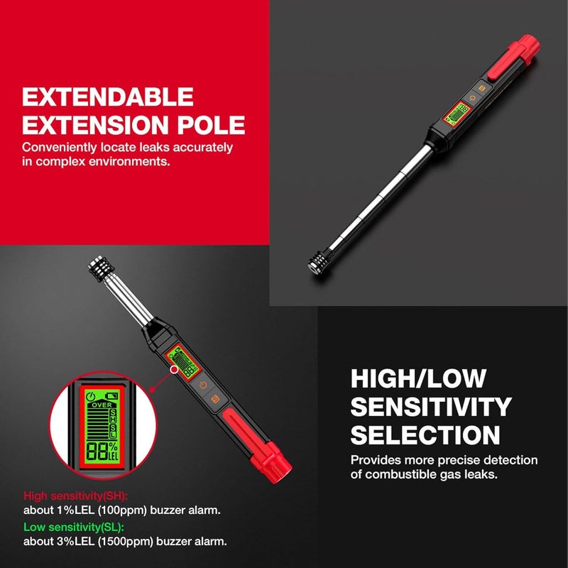 Gas Leak Detector with LCD Backlit Display, Portable Handheld Analyzer, Semiconductor Sensor with Audible Visual and Vibration Alarms, ABS Material Construction with Pocket Clip - Image 2