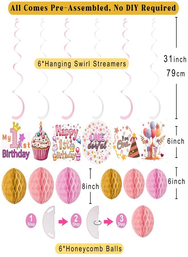 Aonor Pink First Birthday Decorations for Girl, Pre-Strung Sweet One and Happy Birthday Banner with Honeycomb Balls, Hanging Swirls, Circle Dots Garland for 1st Birthdays Decorations Girl 21pcs - Image 3