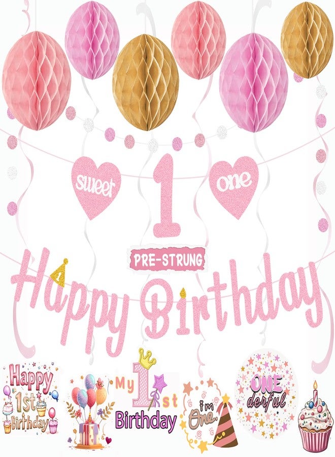 Aonor Pink First Birthday Decorations for Girl, Pre-Strung Sweet One and Happy Birthday Banner with Honeycomb Balls, Hanging Swirls, Circle Dots Garland for 1st Birthdays Decorations Girl 21pcs - Image 1